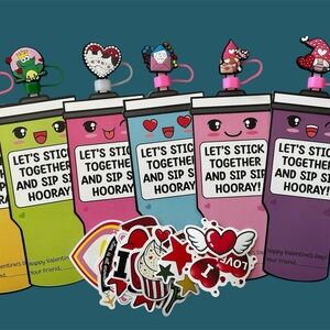 Valentine’s day cards in tumbler shape with straw toppers and Stickers